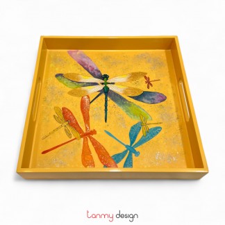 Square yellow lacquer tray hand-painted with dragonfly 27cm